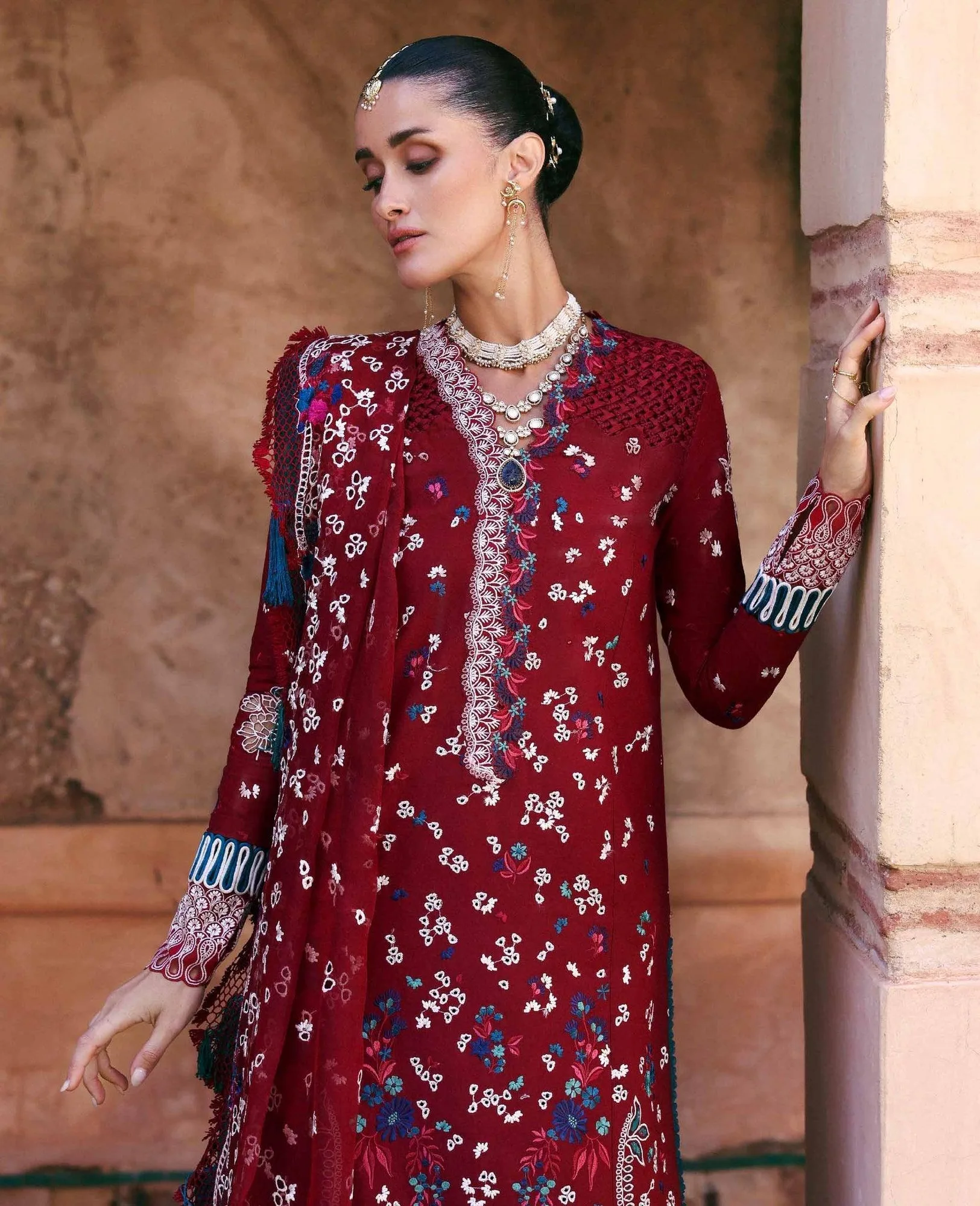 Republic Womenswear Reine Luxury Lawn 26 Maroon Organza – view 5 – Poshaq