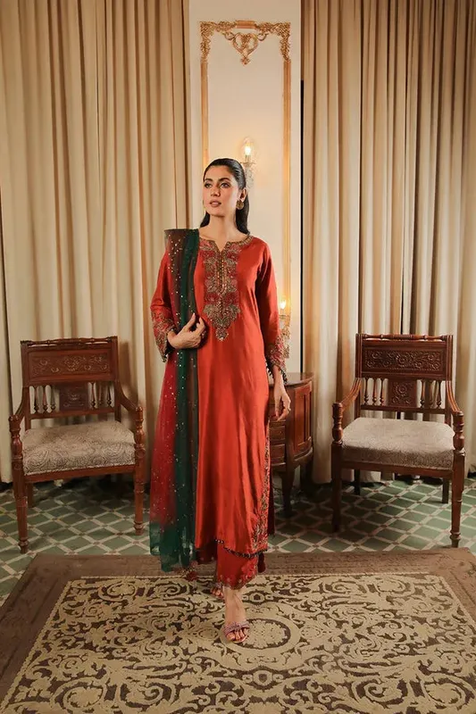 Baad E Saba Orange Raw Silk – view 1 – Poshaq
