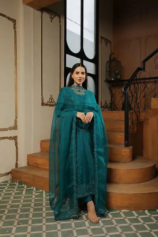 Baad E Saba Teal Raw Silk – view 1 – Poshaq