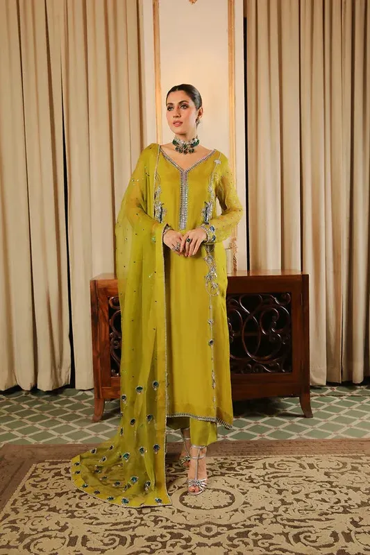 Baad E Saba Green Raw Silk – view 1 – Poshaq