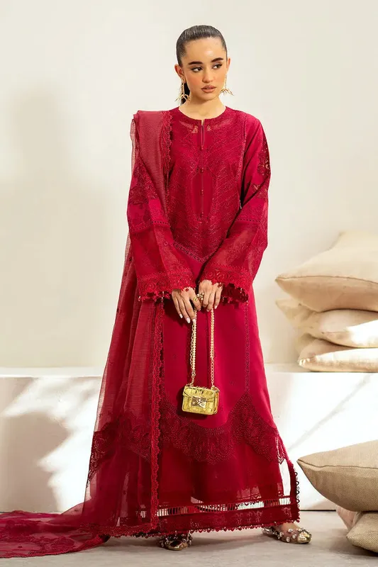 Luxe Eid Lawn 24 Maroon Organza – view 1 – Poshaq