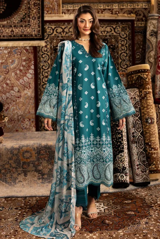 Teal chenille three‑piece suit with embroidered shirt and silk dupatta – view 1 – Poshaq