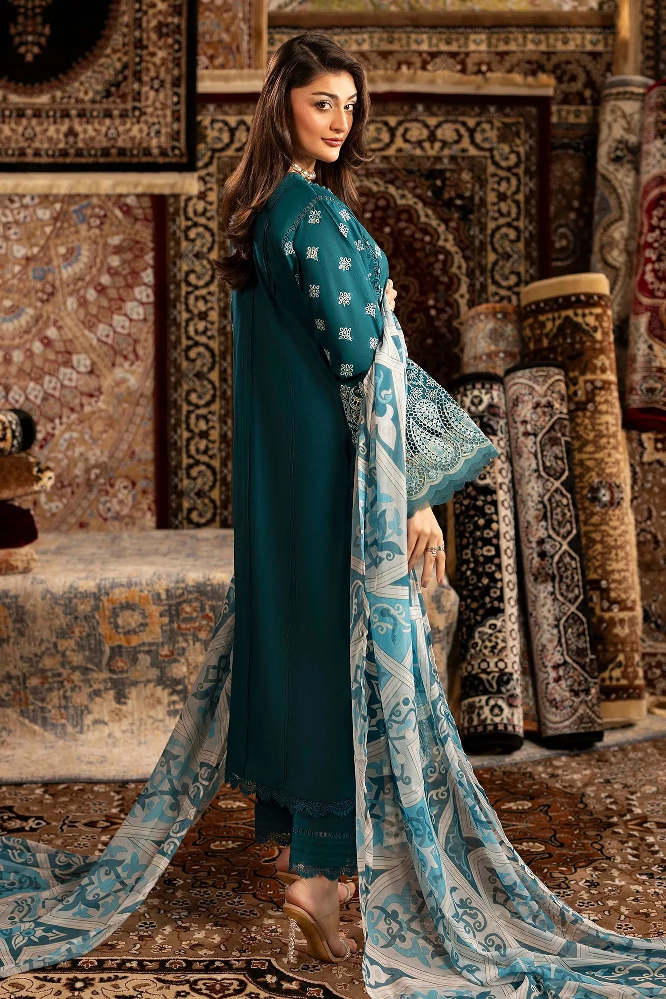 Teal chenille three‑piece suit with embroidered shirt and silk dupatta – view 2 – Poshaq