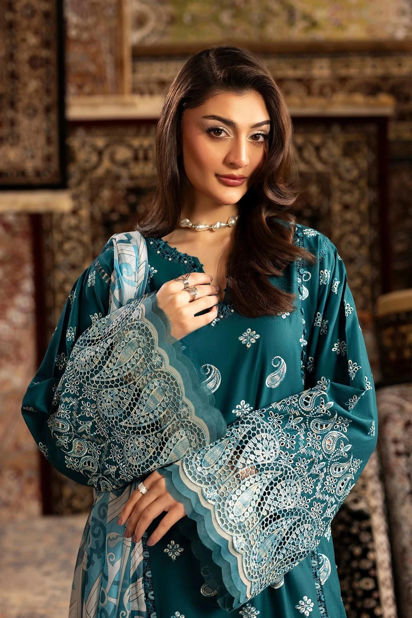 Teal chenille three‑piece suit with embroidered shirt and silk dupatta – view 3 – Poshaq