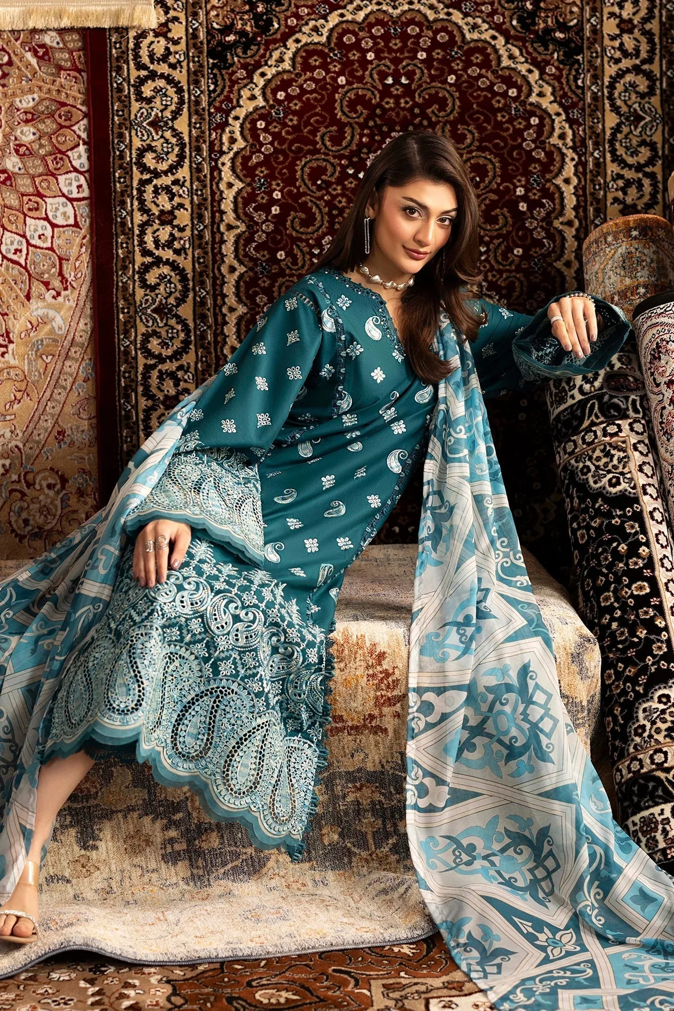 Teal chenille three‑piece suit with embroidered shirt and silk dupatta – view 4 – Poshaq