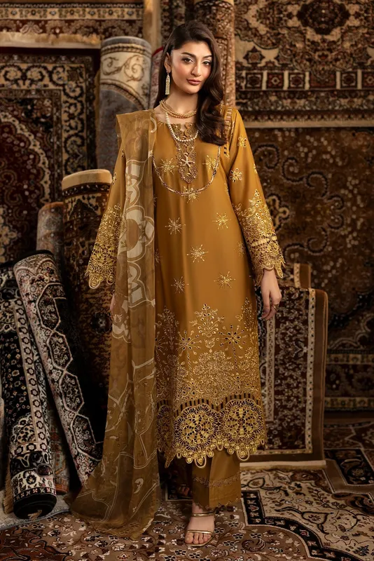 Mustard long shirt with chiffon, cotton and lawn fabrics – view 1 – Poshaq