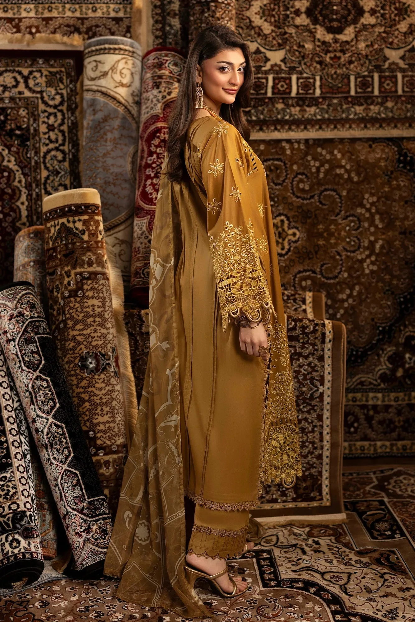 Mustard long shirt with chiffon, cotton and lawn fabrics – view 2 – Poshaq