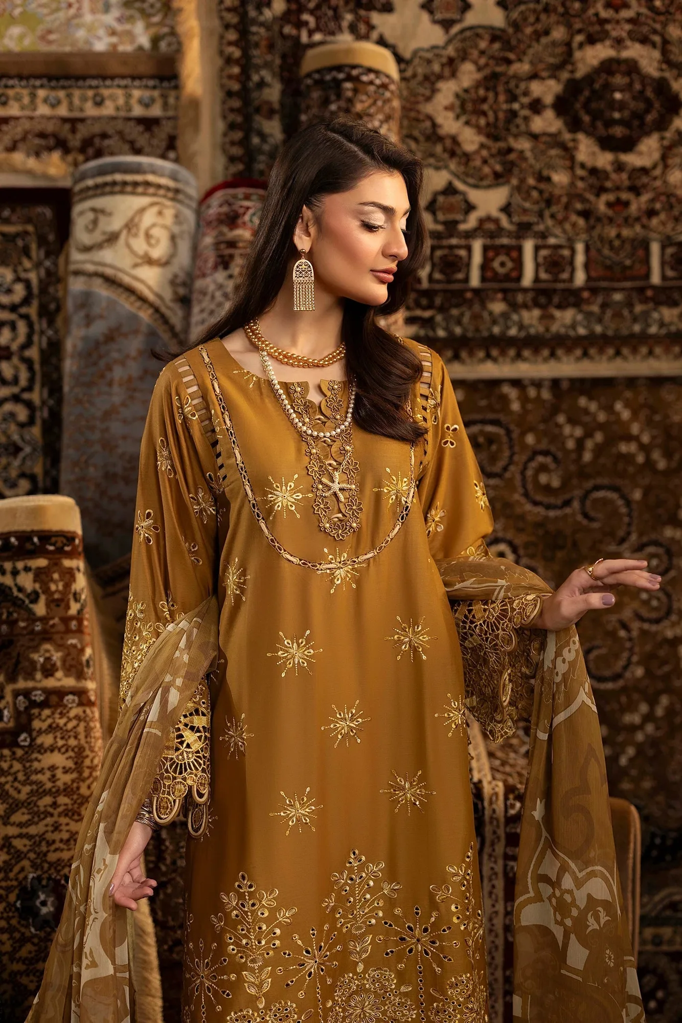 Mustard long shirt with chiffon, cotton and lawn fabrics – view 4 – Poshaq