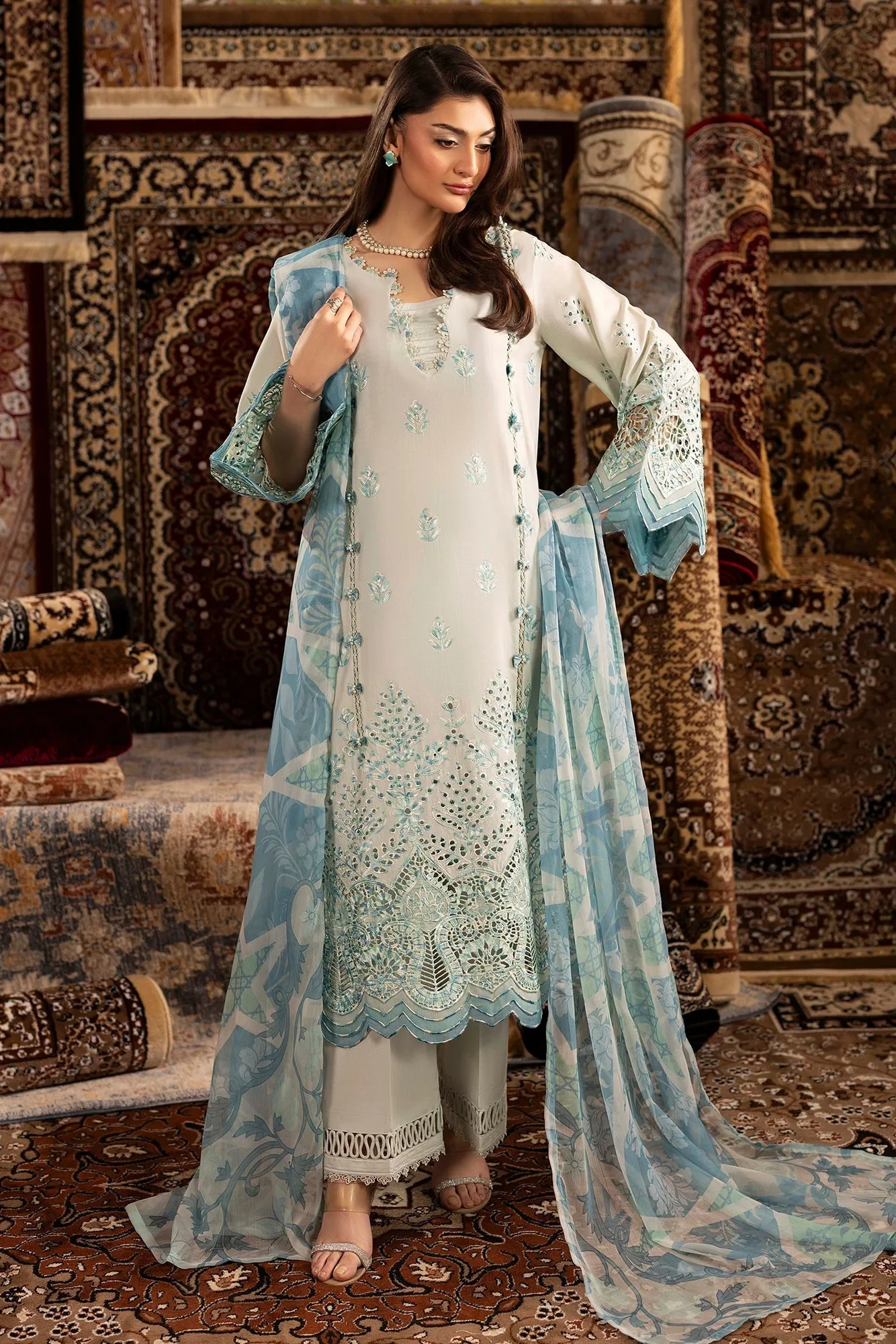 Off white long shirt with chiffon, cotton and lawn fabric – view 1 – Poshaq
