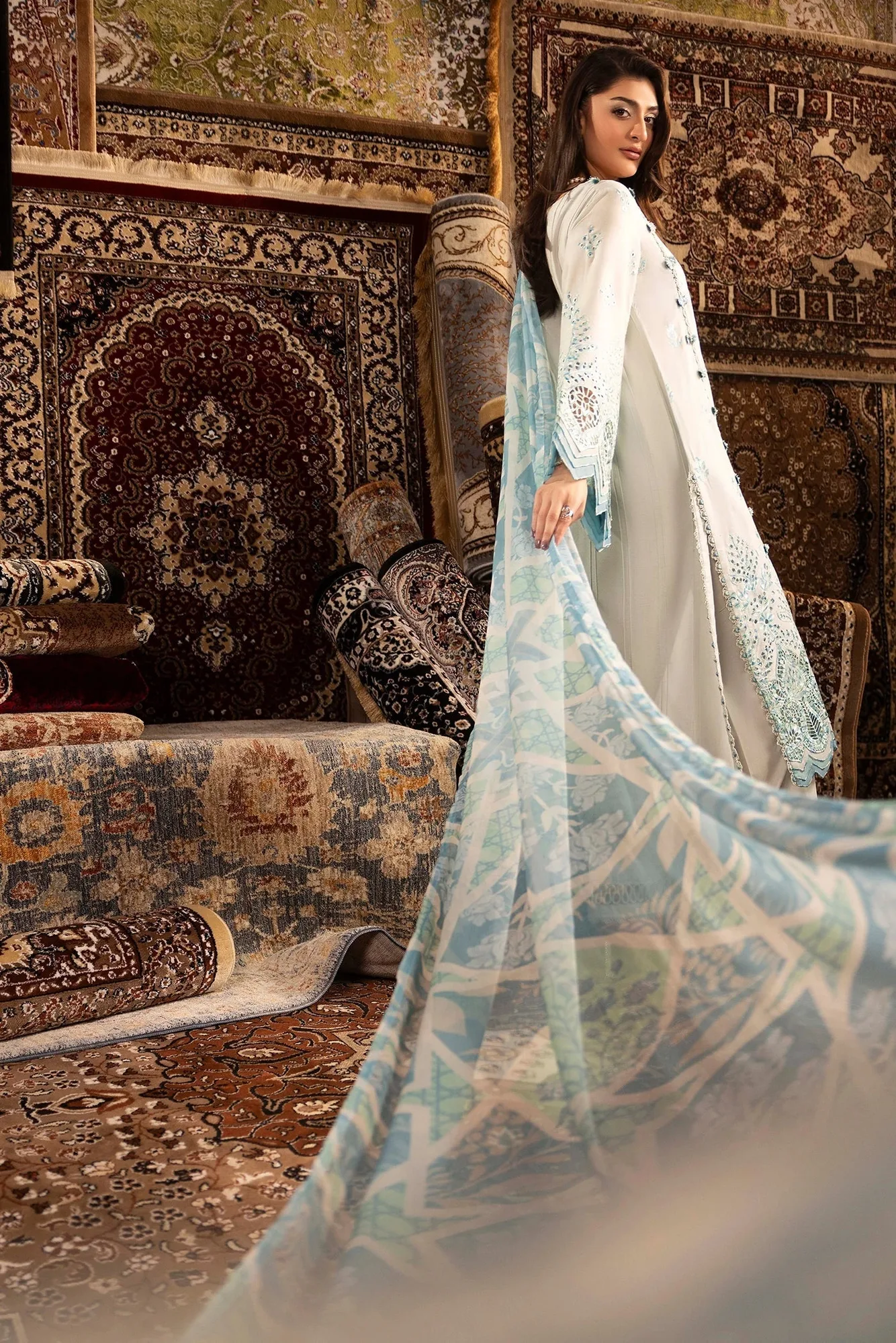 Off white long shirt with chiffon, cotton and lawn fabric – view 2 – Poshaq