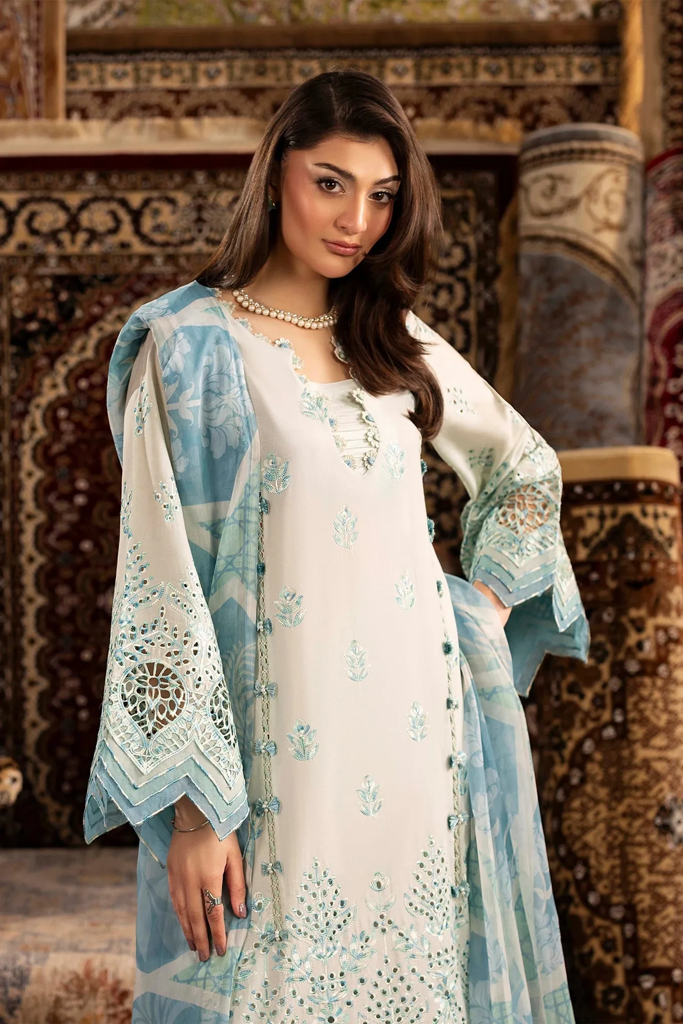 Off white long shirt with chiffon, cotton and lawn fabric – view 3 – Poshaq