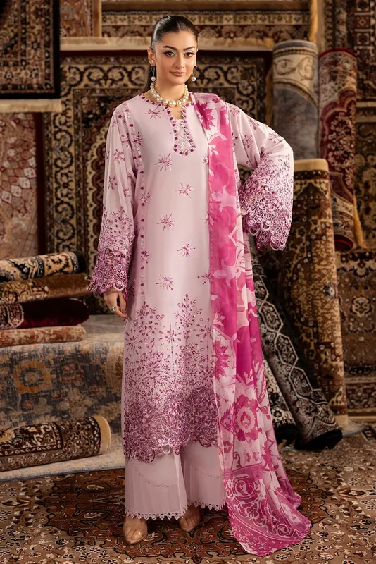 Light pink chenille long shirt with matching trousers and silk dupatta – view 1 – Poshaq