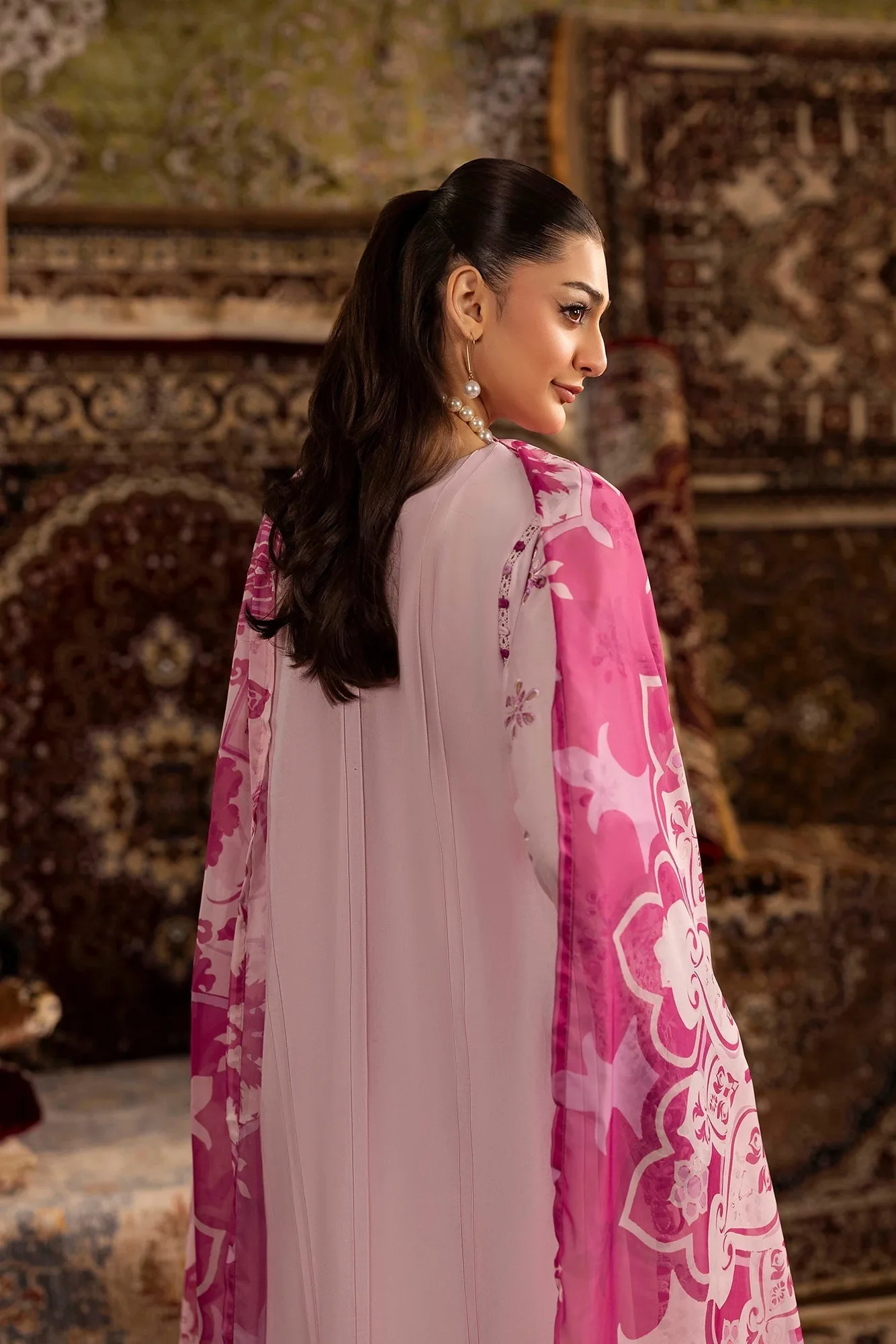 Light pink chenille long shirt with matching trousers and silk dupatta – view 2 – Poshaq