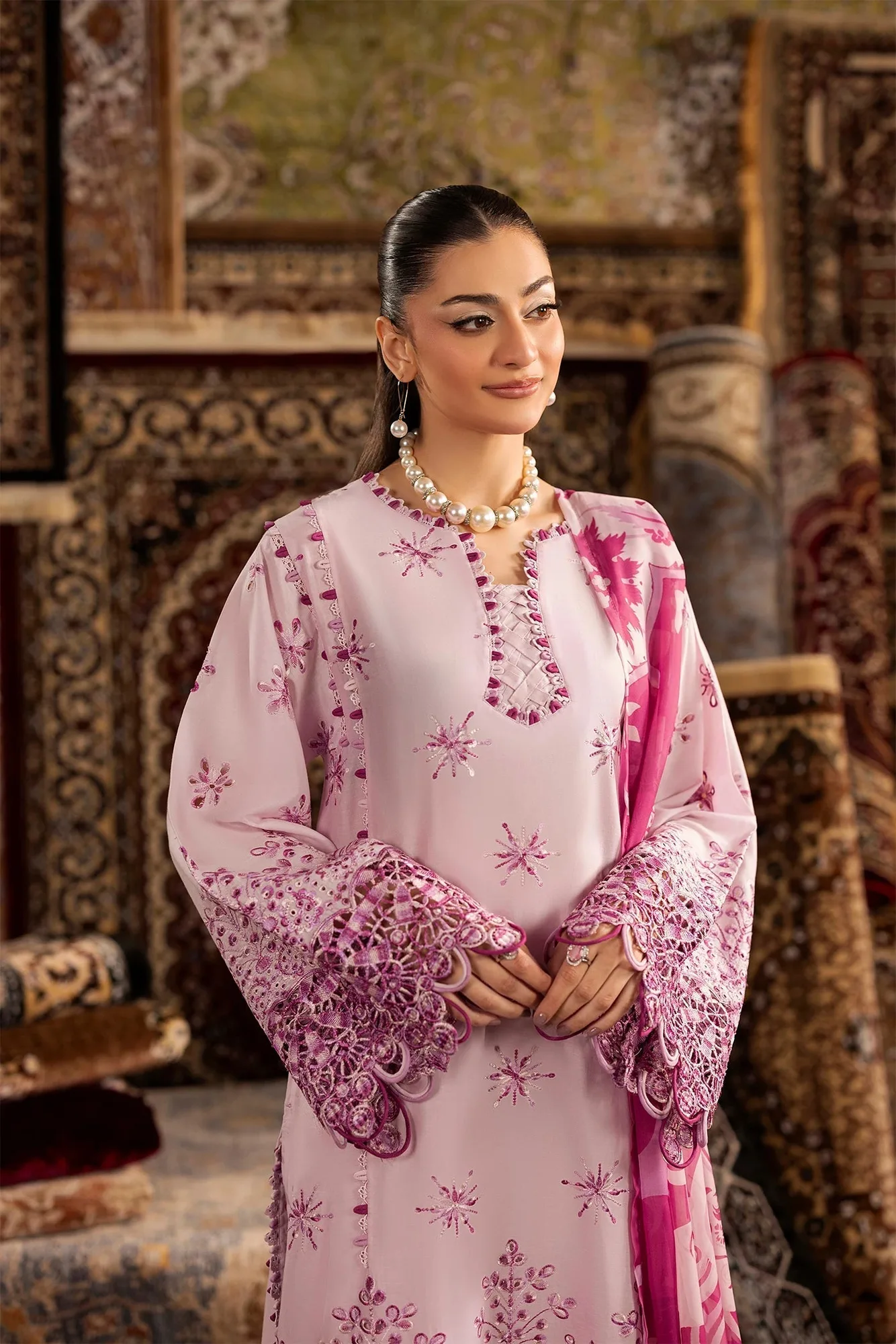 Light pink chenille long shirt with matching trousers and silk dupatta – view 3 – Poshaq