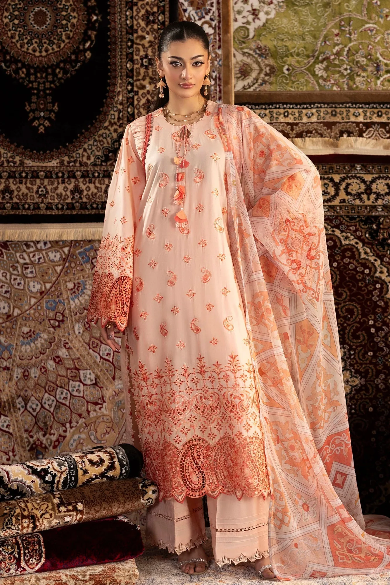 Pale peach three‑piece chenille set with chiffon shirt, cotton trouser and lawn dupatta – view 1 – Poshaq