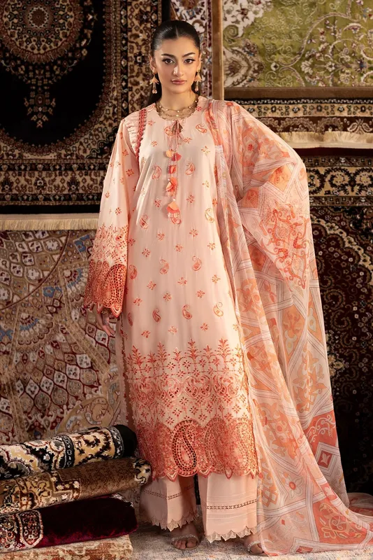 Pale peach three‑piece chenille set with chiffon shirt, cotton trouser and lawn dupatta – view 1 – Poshaq