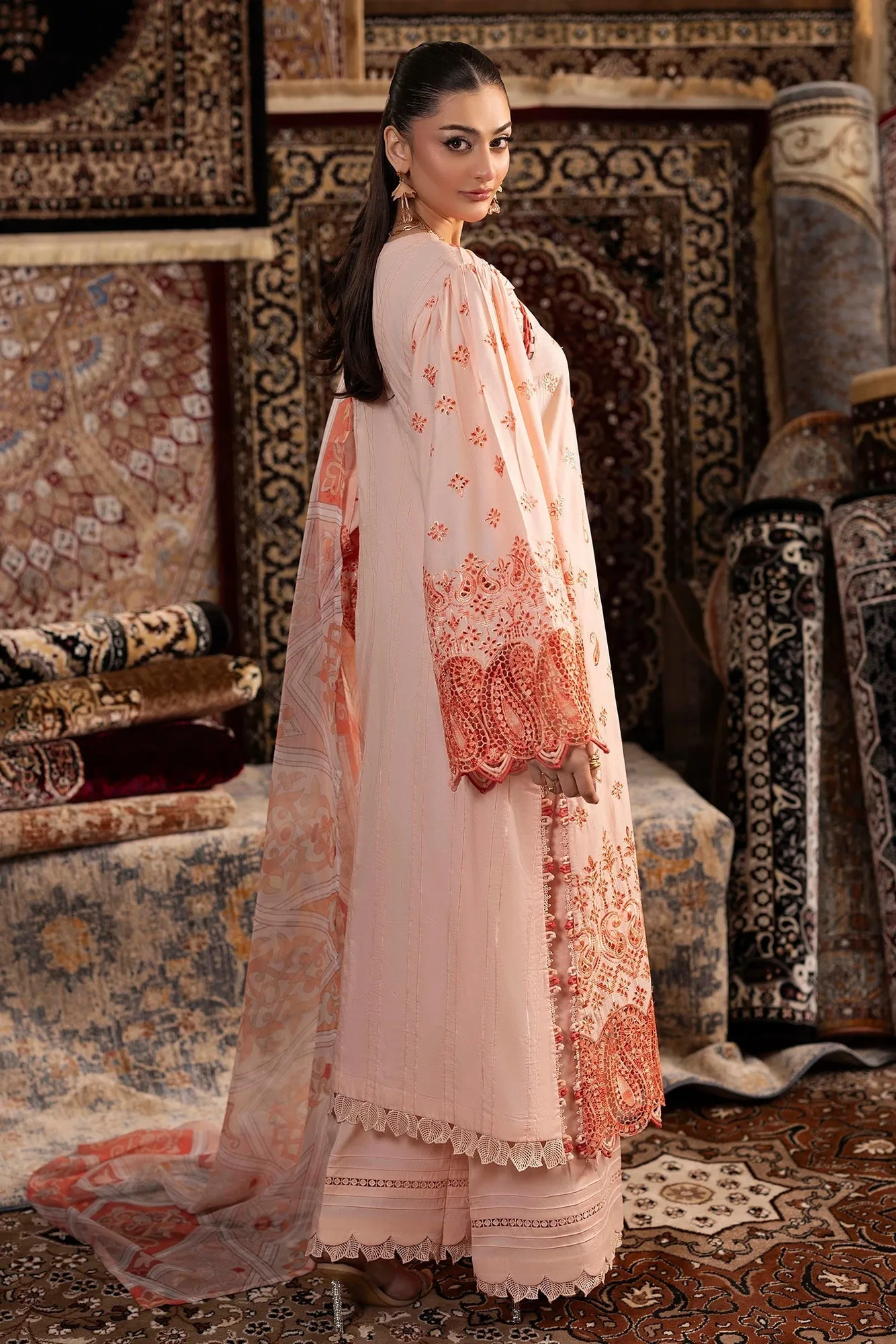 Pale peach three‑piece chenille set with chiffon shirt, cotton trouser and lawn dupatta – view 2 – Poshaq