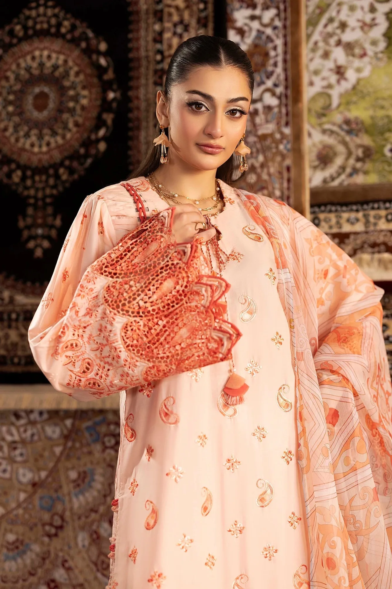 Pale peach three‑piece chenille set with chiffon shirt, cotton trouser and lawn dupatta – view 3 – Poshaq