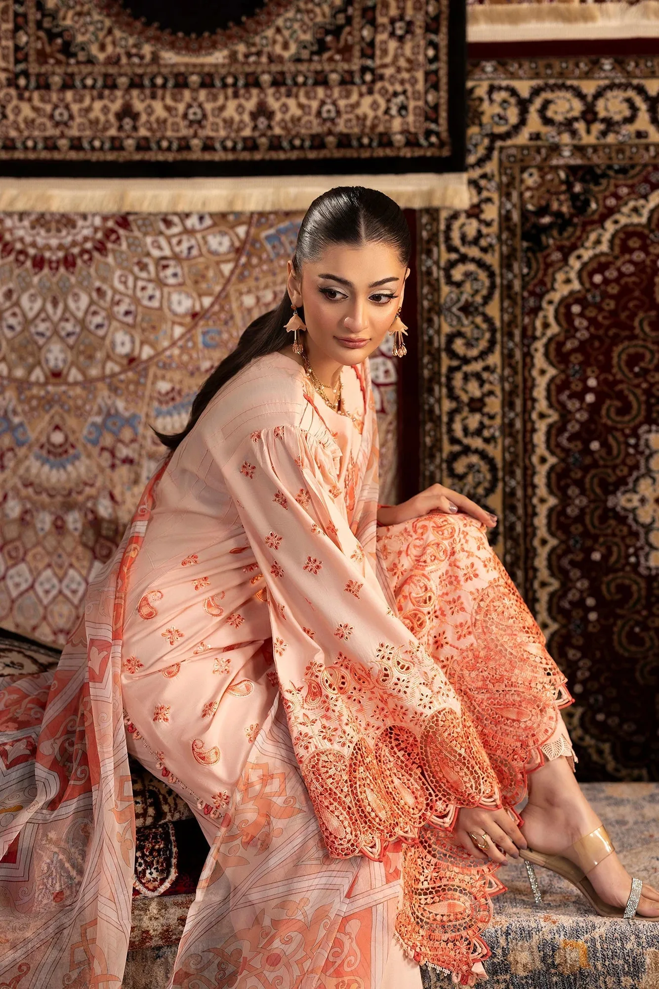 Pale peach three‑piece chenille set with chiffon shirt, cotton trouser and lawn dupatta – view 4 – Poshaq