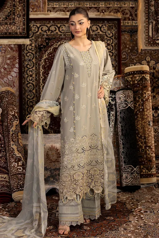 Light gray chiffon long shirt with Schiffli embroidery – view 1 – Poshaq