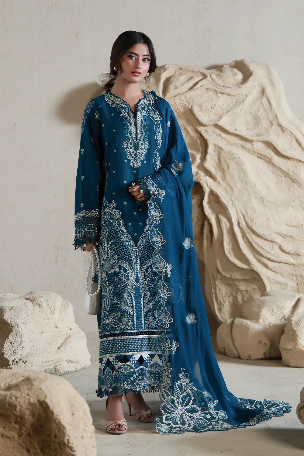 Aabyaan Saagar Luxury Festive Lawn 26 Deep Teal Chiffon – view 1 – Poshaq