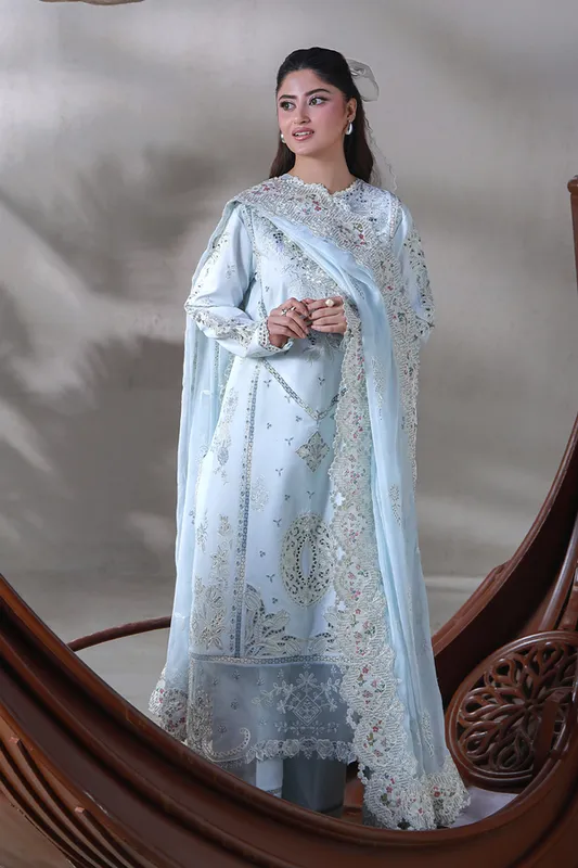 Aabyaan Saagar Luxury Festive Lawn 26 Pale Sky Blue Lawn – view 1 – Poshaq