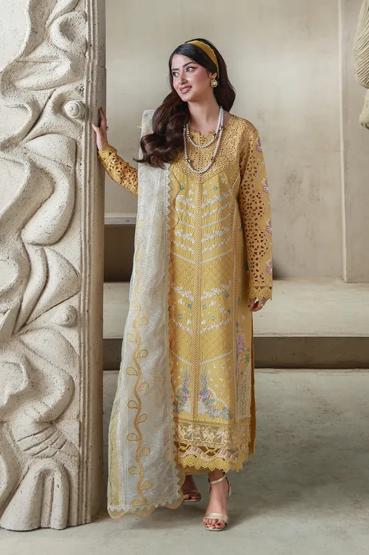 Aabyaan Saagar Luxury Festive Lawn 26 Mustard Jacquard – view 1 – Poshaq
