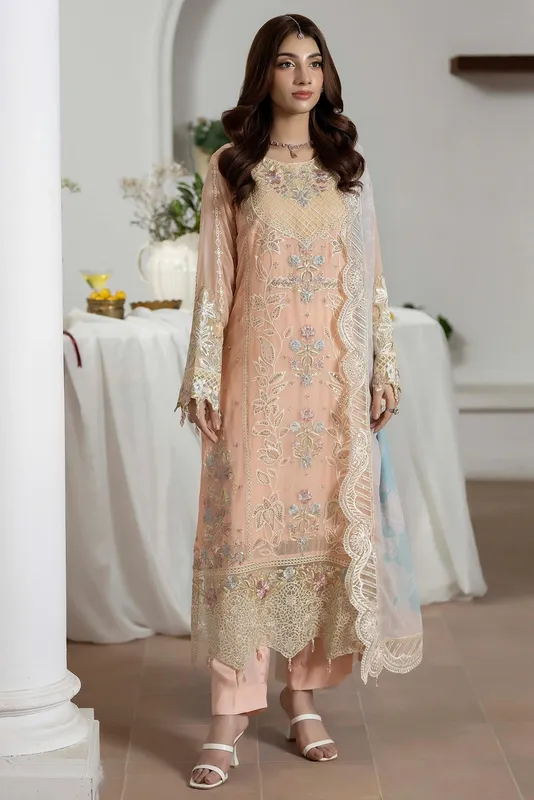 Adans Libas Eid Festive Chiffon Pale Peach Raw Silk – view 1 – Poshaq