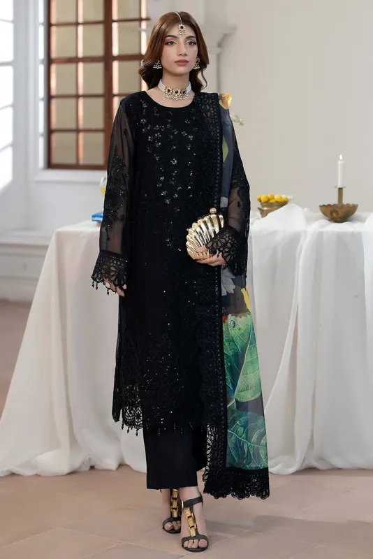 Adans Libas Eid Festive Chiffon Black Raw Silk – view 1 – Poshaq