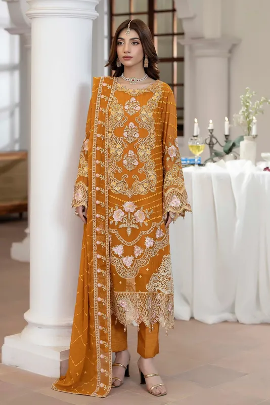 Adans Libas Eid Festive Chiffon Dirty Orange Raw Silk – view 1 – Poshaq