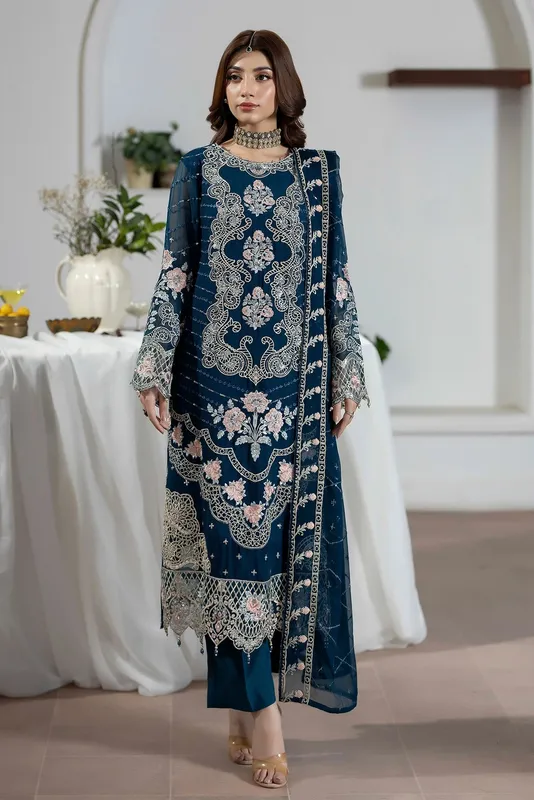 Adans Libas Eid Festive Chiffon Midnight Blue Raw Silk – view 1 – Poshaq