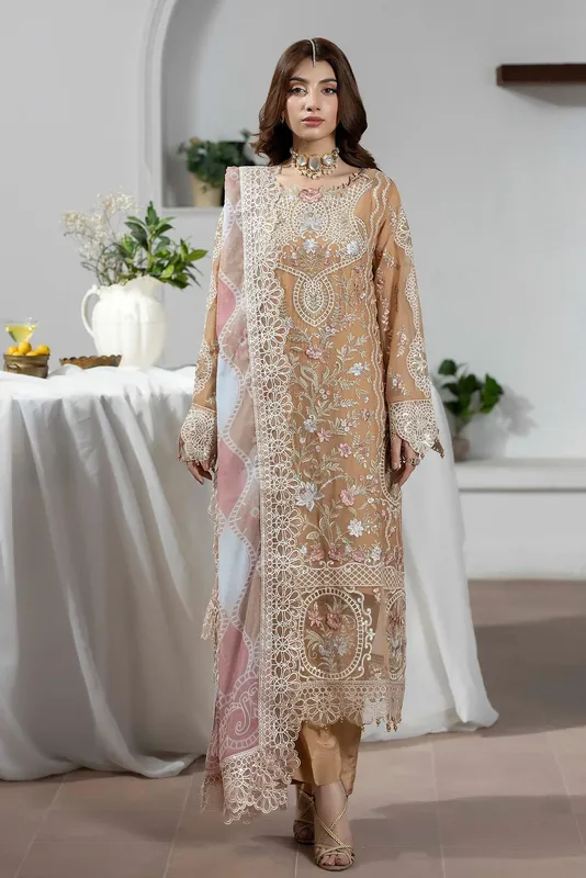 Adans Libas Eid Festive Chiffon Nude Peach Raw Silk – view 1 – Poshaq