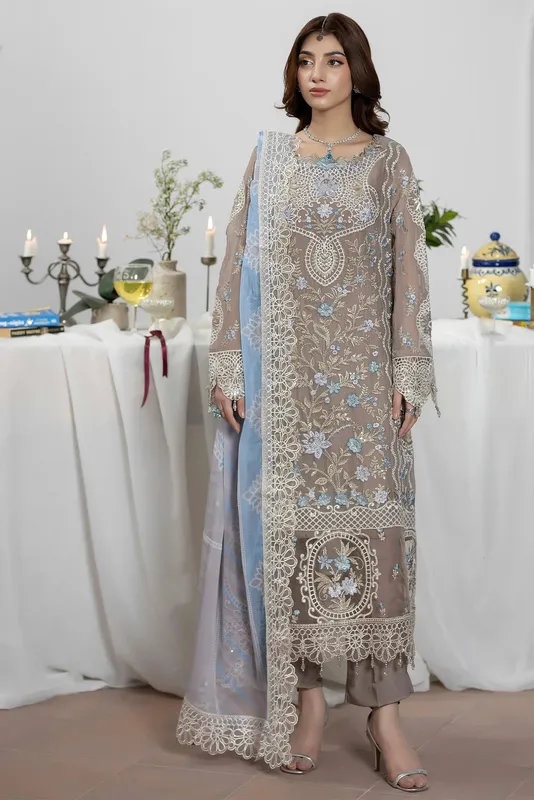 Adans Libas Eid Festive Chiffon Soft Gray Raw Silk – view 1 – Poshaq