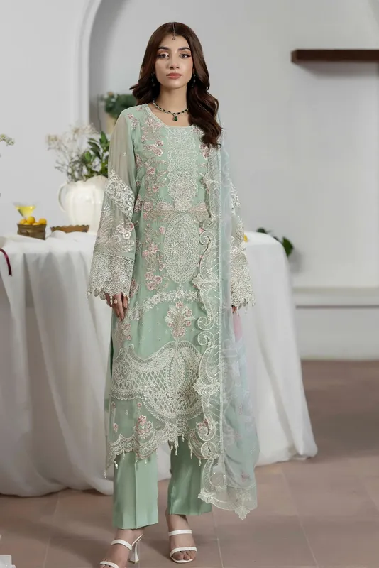 Adans Libas Eid Festive Chiffon Pastel Mint Raw Silk – view 1 – Poshaq