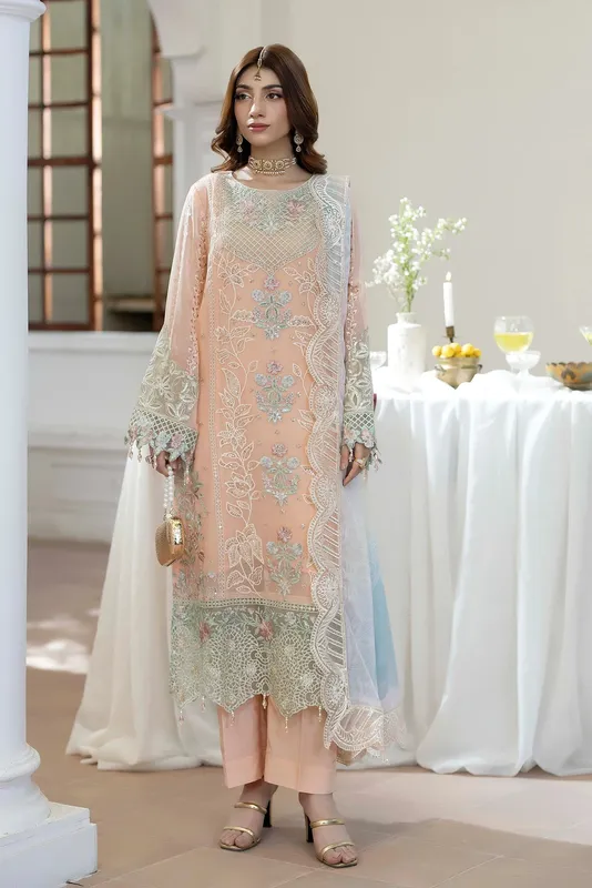 Adans Libas Eid Festive Chiffon Pale Peach Raw Silk – view 1 – Poshaq