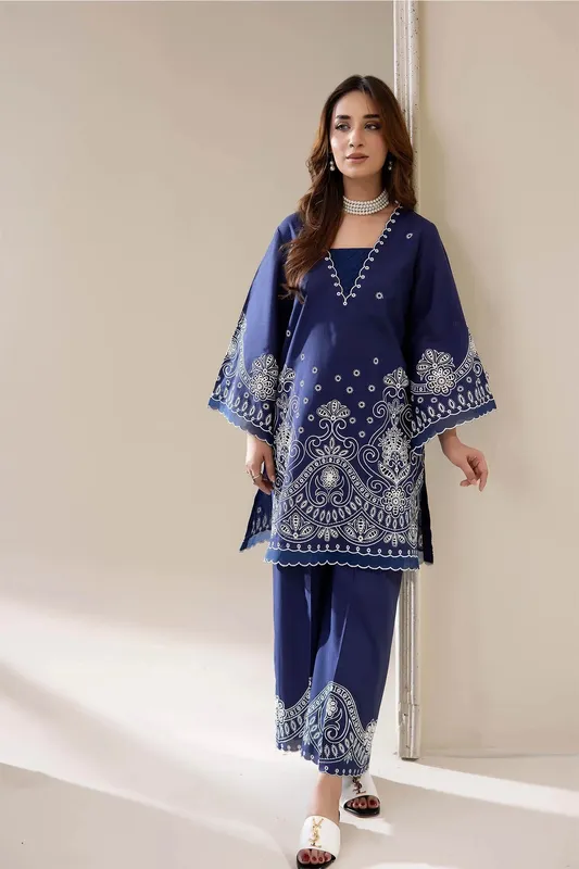 Adans Libas Embrodiered Co Ord Sets Dark Blue Lawn – view 1 – Poshaq