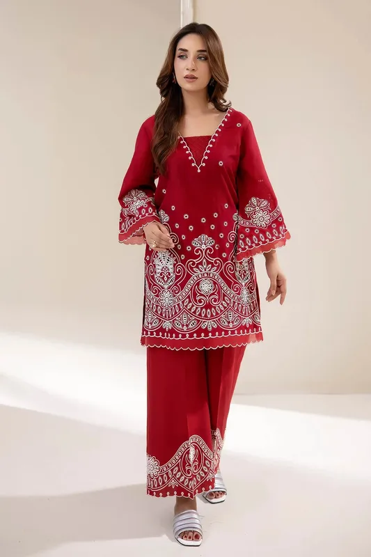 Adans Libas Embrodiered Co Ord Sets Red Lawn – view 1 – Poshaq