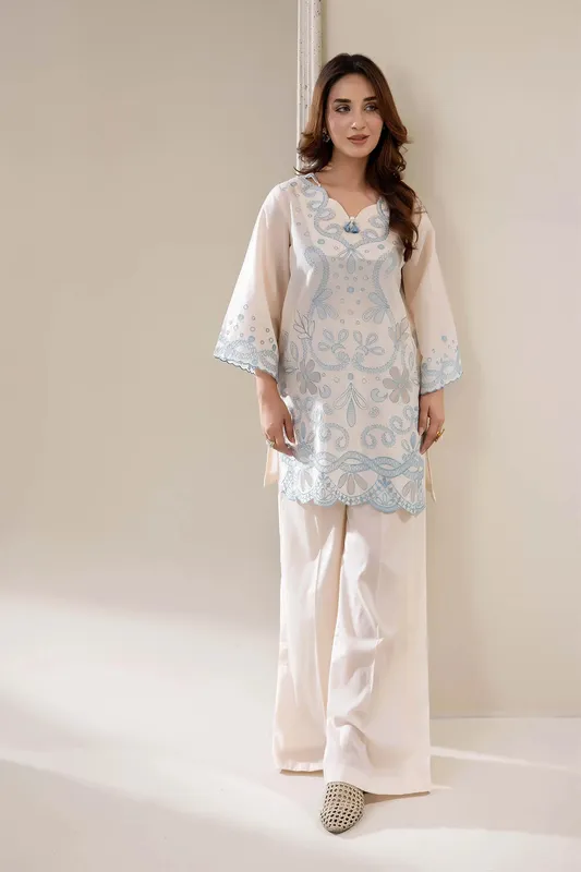 Adans Libas Embrodiered Co Ord Sets Ivory Lawn – view 1 – Poshaq