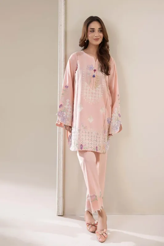 Adans Libas Embrodiered Co Ord Sets Light Peach Pink Lawn – view 1 – Poshaq