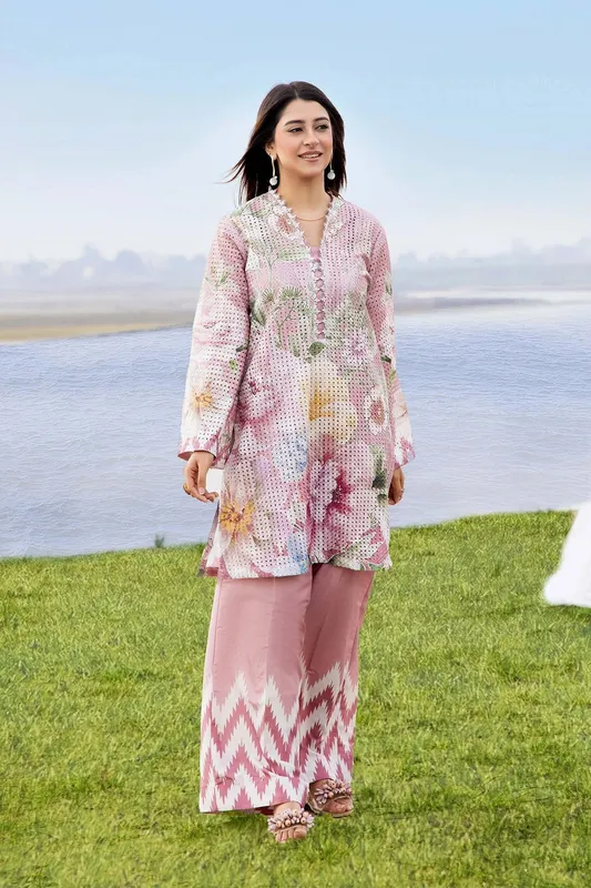 Adans Libas Embrodiered Co Ord Sets Pink Jacquard – view 1 – Poshaq