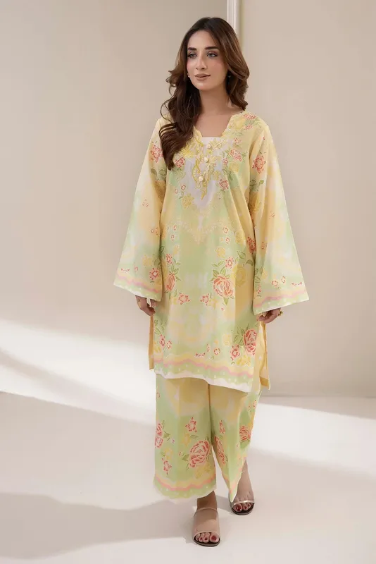 Adans Libas Embrodiered Co Ord Sets Lemon Yellow Lawn – view 1 – Poshaq