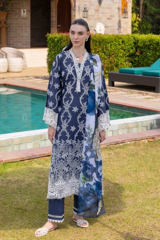 Adans Libas Lasserkari Eid Petals Navy Blue Cotton – view 1 – Poshaq