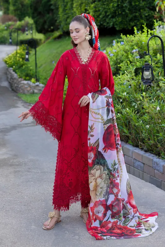 Adans Libas Lasserkari Eid Petals Red Cotton – view 1 – Poshaq