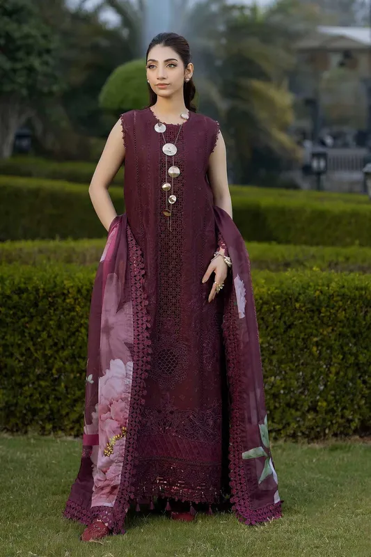 Adans Libas Serene Luxury Lawn Dark Plum Organza – view 1 – Poshaq