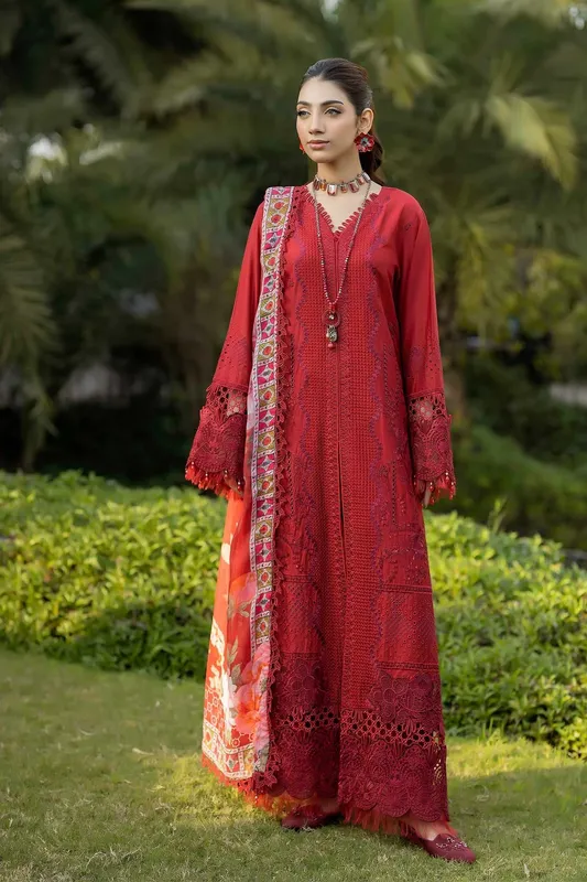 Adans Libas Serene Luxury Lawn Deep Red Organza – view 1 – Poshaq
