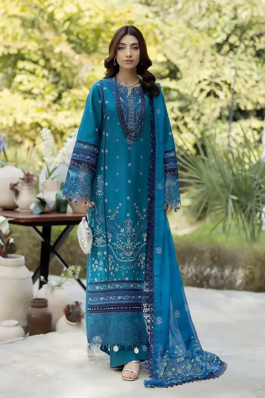 Adans Libas Serene Luxury Lawn Teal Blue Organza – view 1 – Poshaq