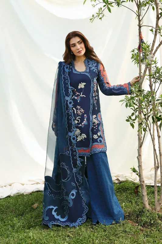 Afrozeh A Lawn 26 Dark Navy Blue Lawn – view 1 – Poshaq