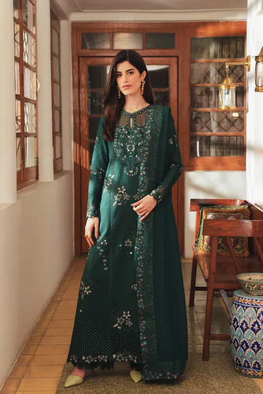 Afrozeh Sheer Khurma Eid Pret 26 Bottle Green Lawn – view 1 – Poshaq