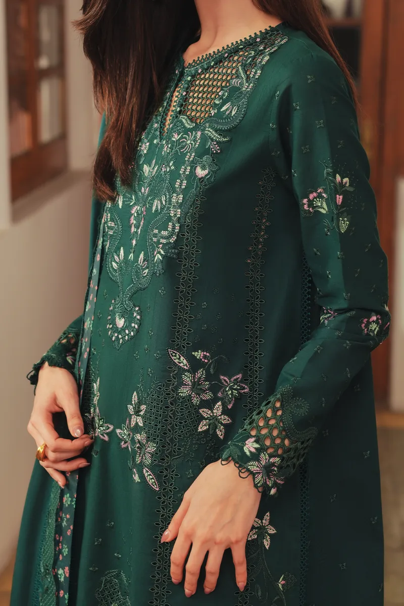 Afrozeh Sheer Khurma Eid Pret 26 Bottle Green Lawn – view 3 – Poshaq