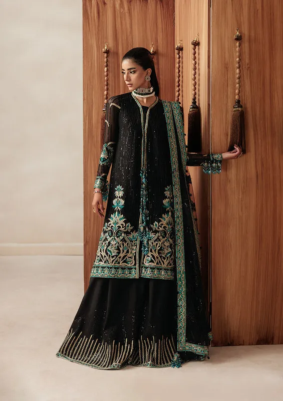 Black three‑piece embroidered suit with organza shirt, silk trousers and net dupatta – view 1 – Poshaq